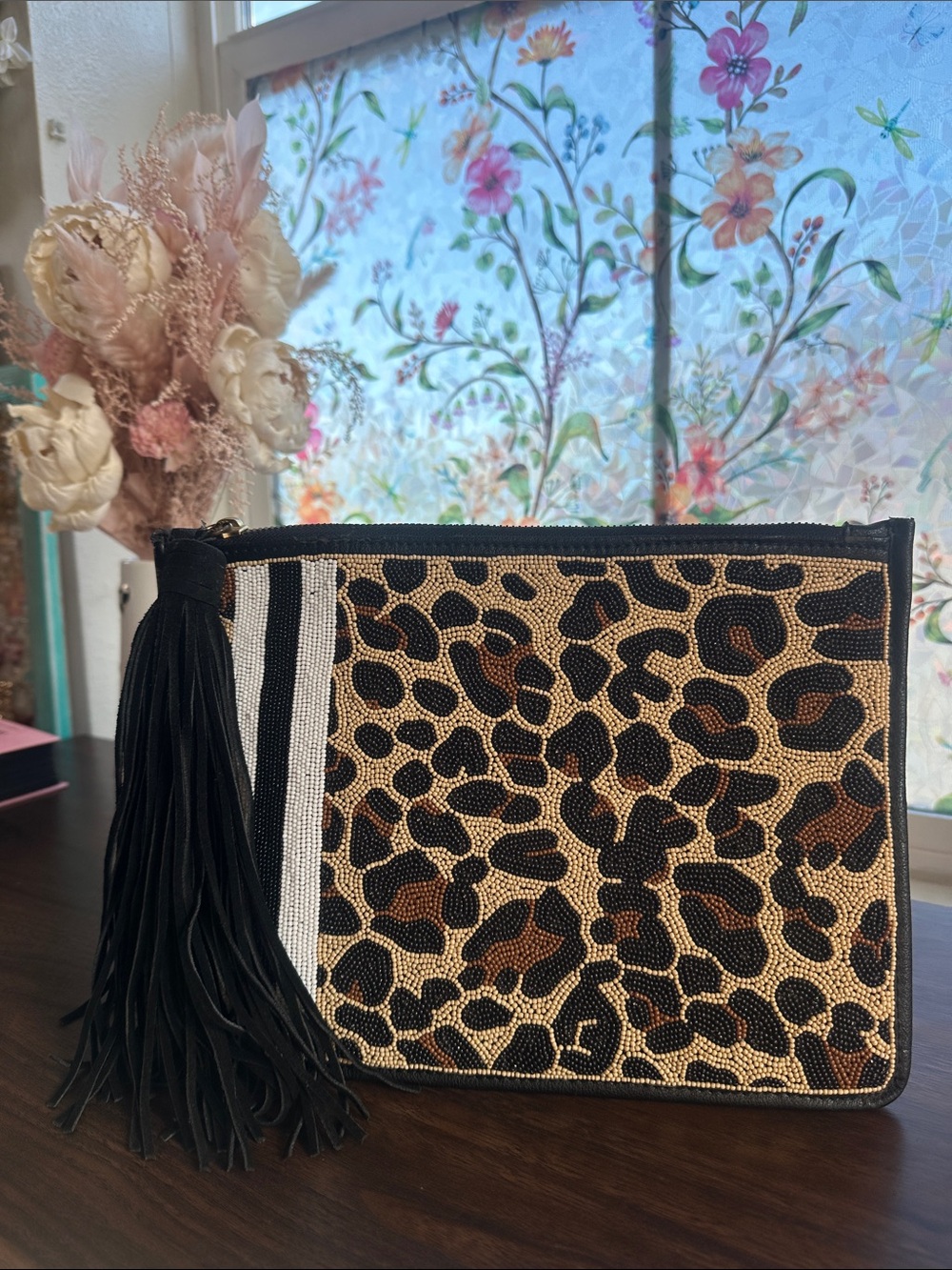 RARE Sam Edelman Leopard Seed Bead Clutch Oversized Suede Fringe Tassel